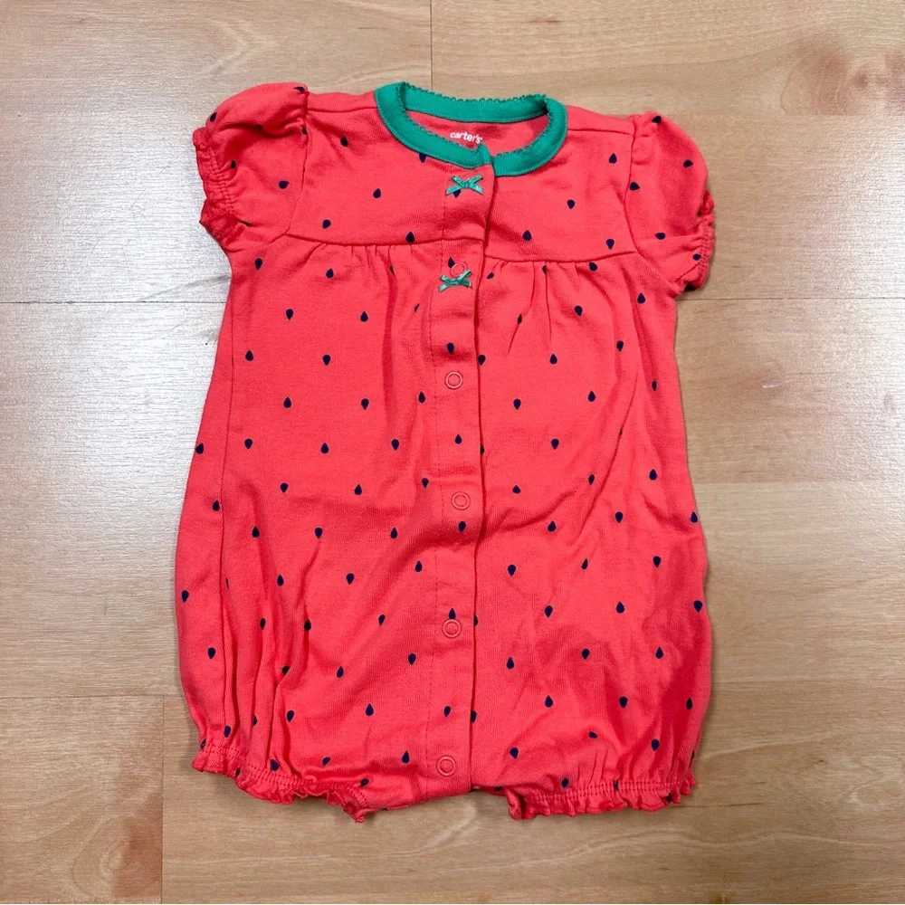 Carters Coral Black & Green Strawberry Bubble Romper Baby Girl Size 6M